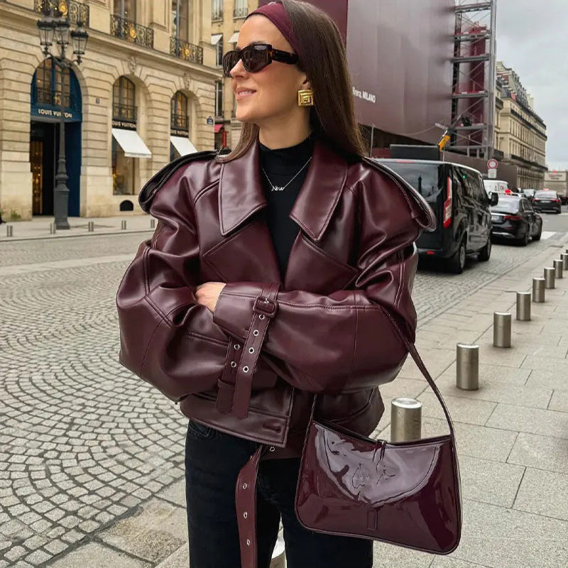 Loose Lapel Leather Jacket Fashion Cropped Tops Streetwear For Womens Clothing - Bellarte Enchanté Loose Lapel Leather Jacket Fashion Cropped Tops Streetwear For Womens Clothing